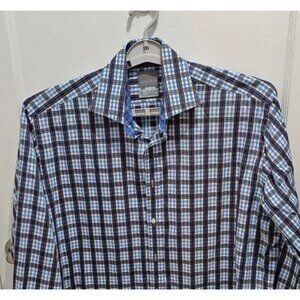 Thomas Dean Men’s Dress Shirt XL Blue White Brown Long Sleeve Button Down